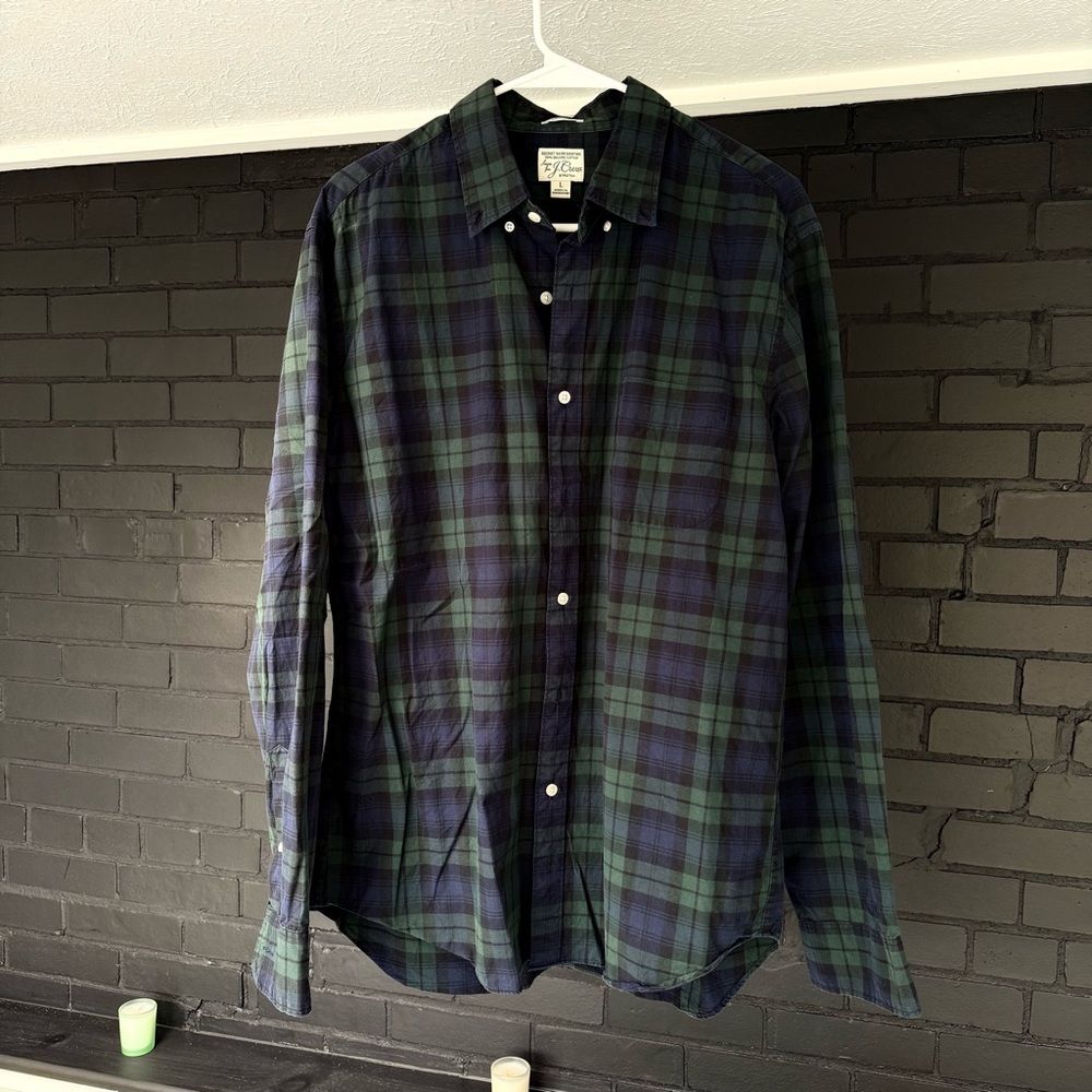 J.Crew men’s button-down blue/green plaid shirt, classic fit, large